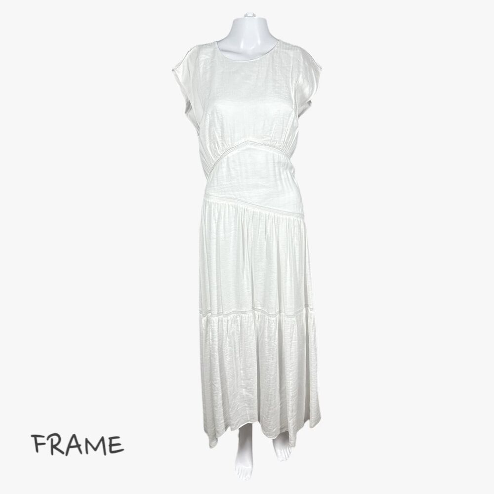 Frame Women's Gathered Linen Blend Seam Lace Insert Dress in White Sz L